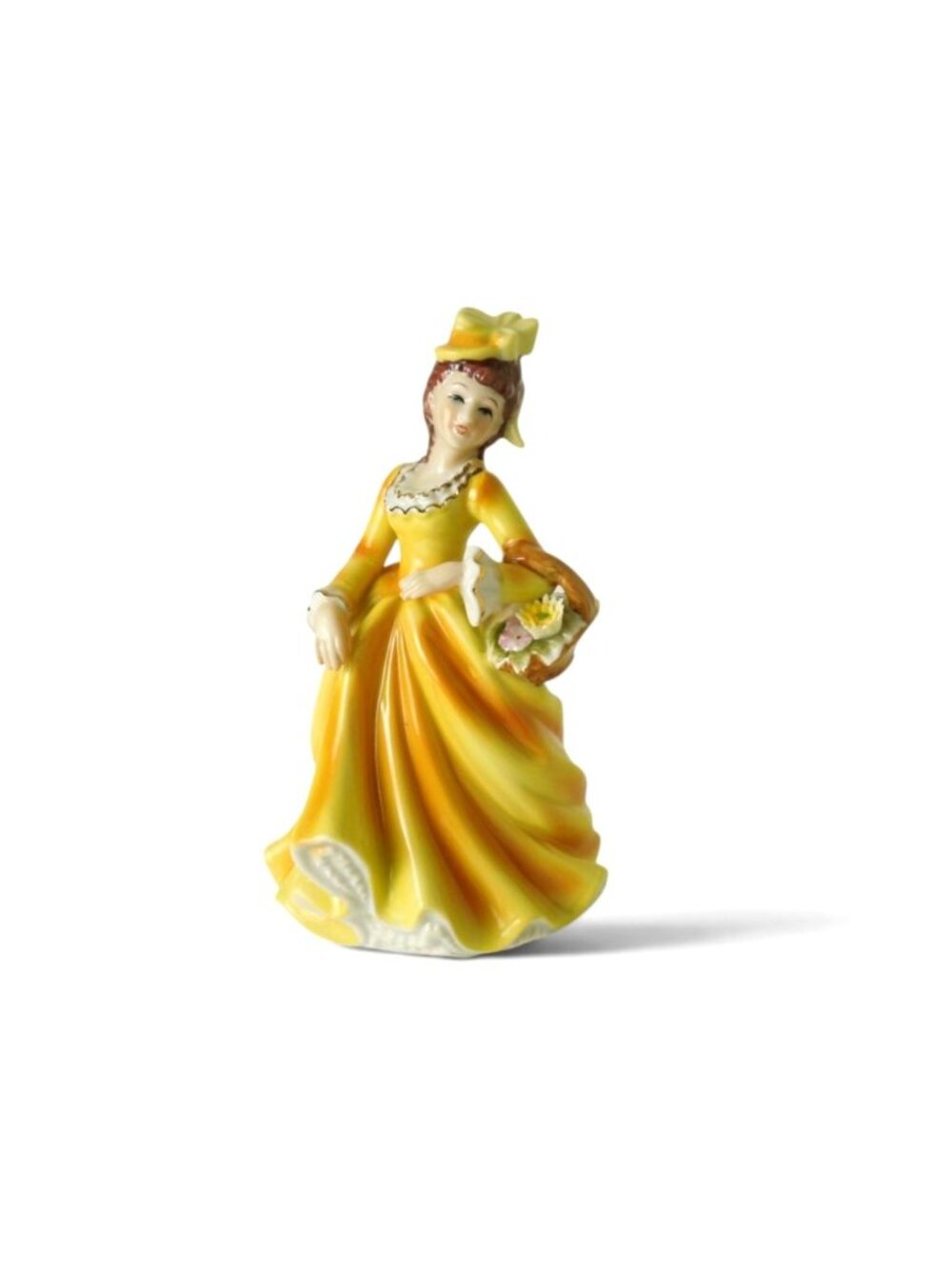 Vintage Royal Ascot Japan Porcelain Lady Figurine Yellow Dress Basket 7"